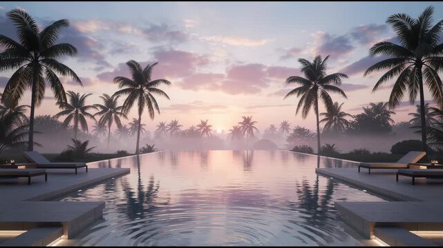 Serene tropical infinity pool at sunrise with palm trees gently swaying in misty morning
