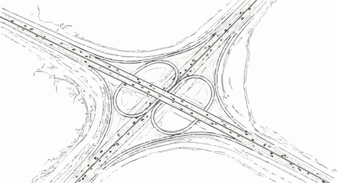 Aerial view sketch of a complex highway interchange with multiple lanes and curves