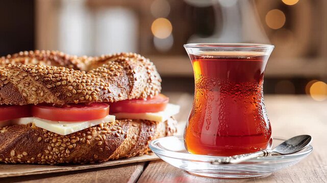 Delicious Turkish Breakfast with Simit and Tea.