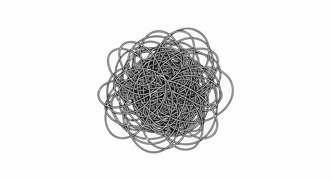 Complex, interwoven black and white circular lines creating a tangled sphere