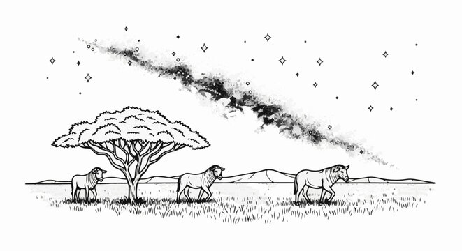 Three wild animals wander across a grassy plain under a starry sky