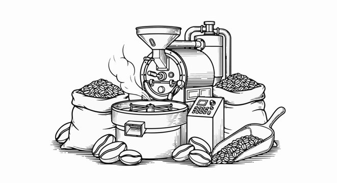 Detailed ink drawing of coffee roasting machinery with beans
