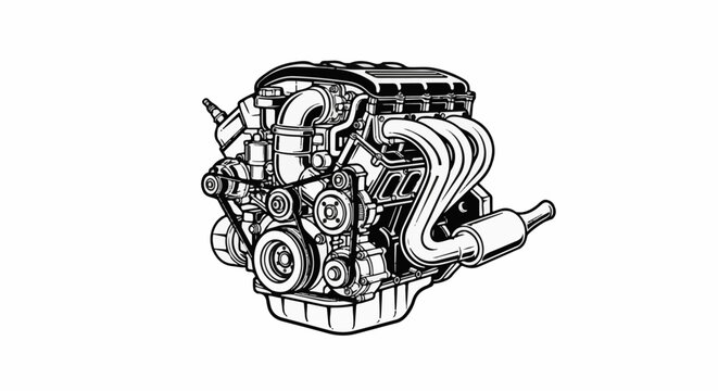 Detailed illustration of a complex internal combustion engine with multiple components