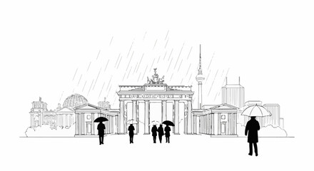 Obraz premium Sketch of city skyline with Brandenburg Gate under rain, people with umbrellas