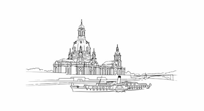Drawing of historic church with domes and a paddlewheel boat on river