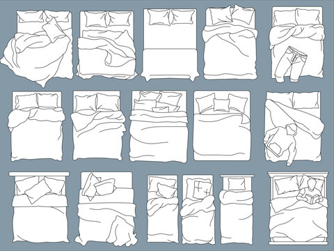 Hand-drawn top-view double bed illustration set