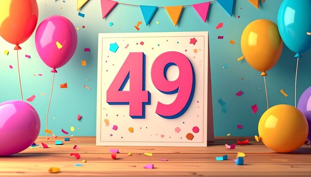 Birthday or anniversary card with number 49. Cartoon illustration with bright colors and balloons