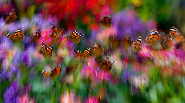 erratic. Butterflies fluttering among bright summer flowers in a garden. gardening catalogs, home-decor guides, designed for home decor and floral branding, used by cybersecurity analysts.
