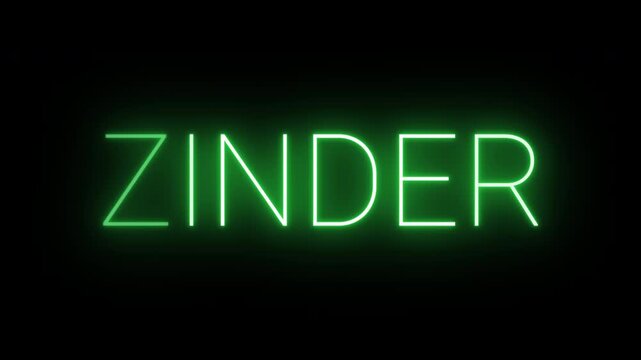 Flickering neon green glowing zinder sign animated on black background