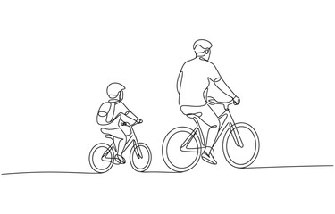 Obraz premium Family cycling in continuous line art drawing style, Father with his little son riding bicycles together.