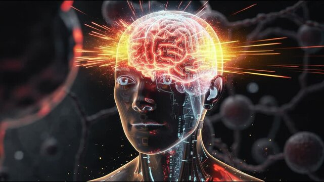 Digital human head with glowing brain circuits radiating intense energy futuristic technology concept