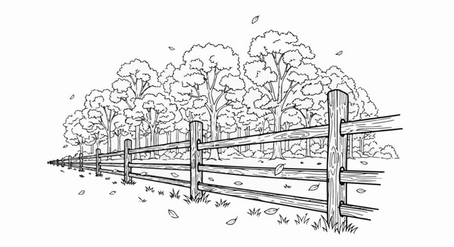 Rustic wooden fence borders a forest with falling leaves in an autumn scene
