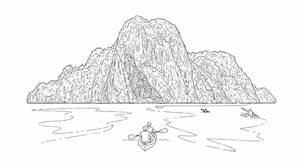Naklejka premium Sketch of kayakers paddling near a rocky, mountainous island in calm water