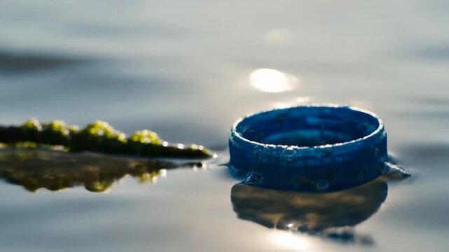 Blue plastic bottle cap floating on water surface, pollution concept, sunlight reflection