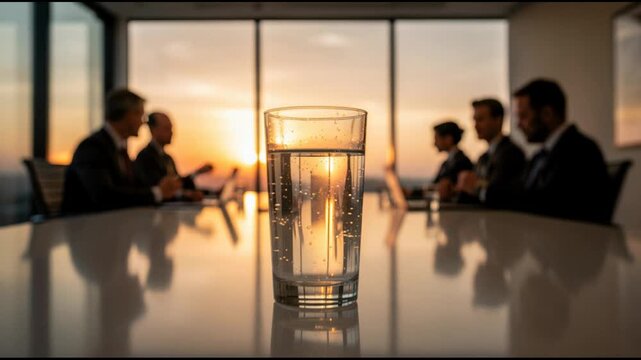 Clear glass of water on reflective conference table with businesspeople in a professional meeting setting