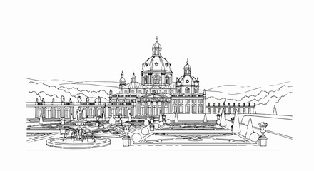 Fototapeta premium Ornate classical palace with symmetrical gardens, fountains, and distant hills