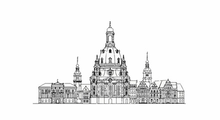 Fototapeta premium Ornate domed cathedral and flanking buildings in a black and white line drawing