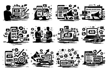 Naklejka premium Digital advertising process: mobile ads, ppc, online marketing, seo.