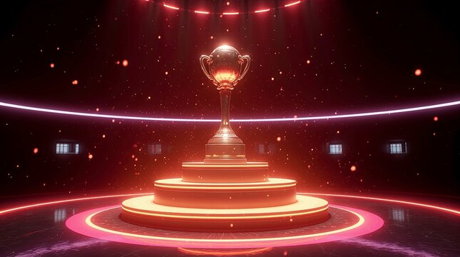 3d render of a shiny trophy cup placed on a futuristic multi-tiered pedestal in the center of a glowing arena, with soft atmospheric particles and cinematic lighting.