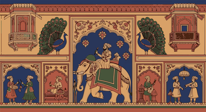 Elaborate Indian mural depicts regal procession with peacocks, elephant, musicians, and dancers