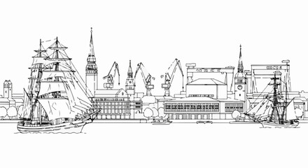 Fototapeta premium Panoramic sketch of a bustling harbor with sailing ships, cranes, and historic buildings