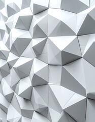 Fototapeta premium A striking abstract image showcases a complex, geometric pattern of interconnected white and silver polygonal shapes, creating a visually dynamic and modern aesthetic.