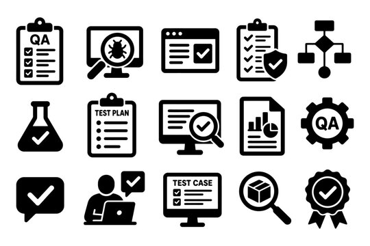 Quality assurance icons: testing, qa, analysis, checklists, data, systems.