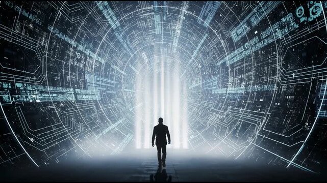 A lone figure walks towards a glowing futuristic portal with intricate details in a sci fi environment