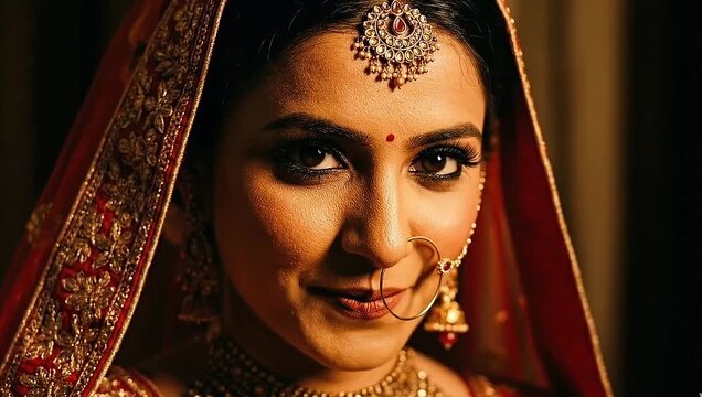 Close Up of Smiling Indian Bride with Traditional Jewelry and Bridal Makeup