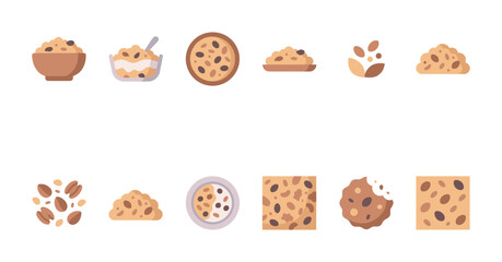 Fototapeta premium A flat design collection of icons featuring oatmeal in bowls and cookies, rendered in warm, earthy tones with a clean, minimalist style.