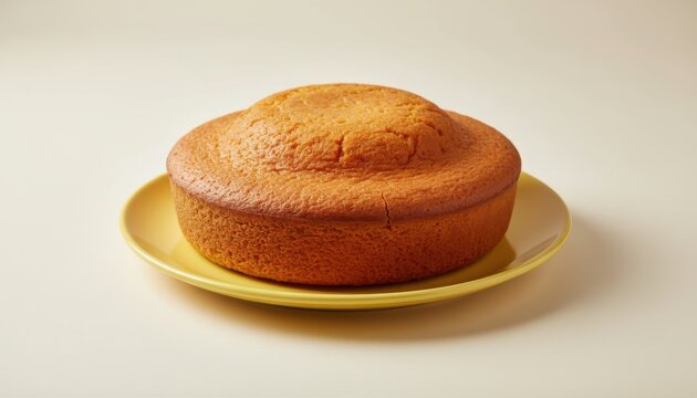 Whole round baked corn cake on a yellow plate for artisan bakery product listing, traditional food editorial and confectionery advertising over a neutral background