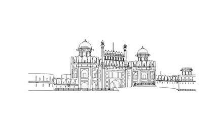 Obraz premium Ornate Mughal fortress with domes, arches, and battlemented walls