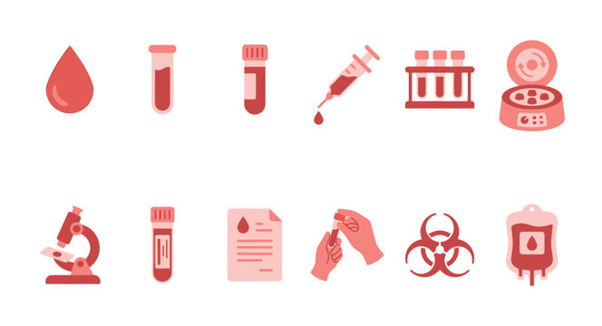 A set of flat design icons representing medical science, blood tests, lab equipment, and research with a minimalist aesthetic.