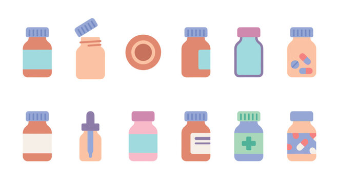 A collection of stylized flat design icons representing various medical bottles, including pill bottles, dropper bottles, and potion bottles with colorful caps and labels on a white background.