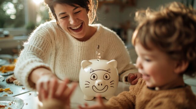 Mother and child saving money in a piggy bank