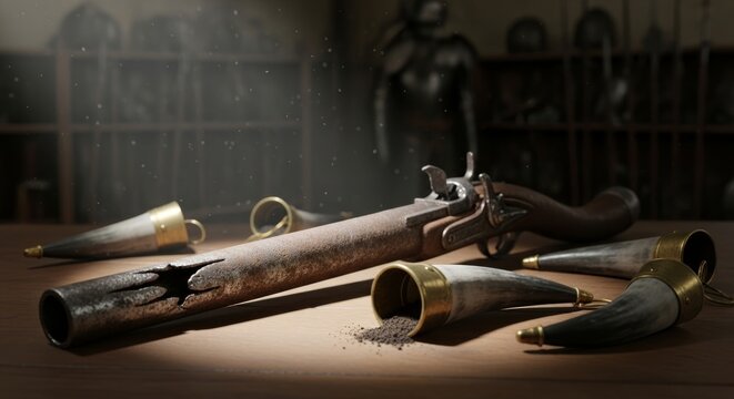 Rusted Arquebus Barrel Damaged Lying Near Powder Horn