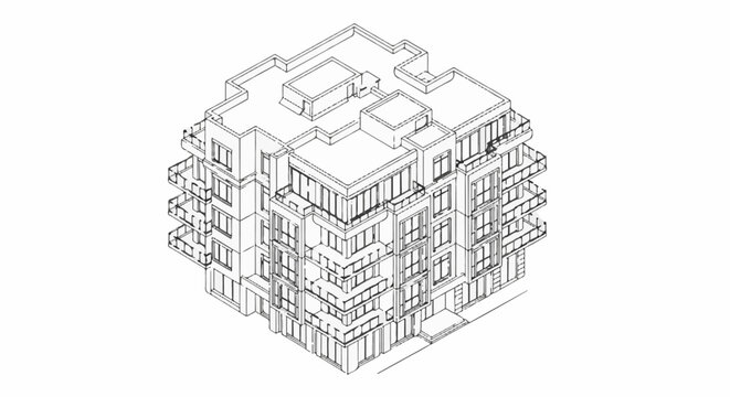 Isometric sketch of a multi-story building with balconies and varied window designs