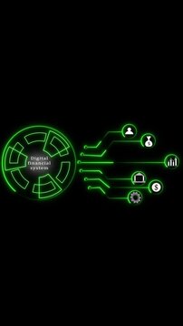 Green neon digital financial system with icons for banking. Financial system technology. Digital financial system for international investment and economic analytics visuals art.