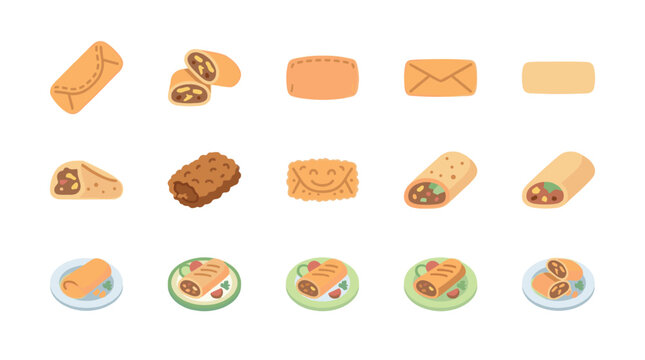 A collection of cheerful, flat-style illustrations featuring various spring rolls and pastries, some whole and some cut in half, presented on simple plates.