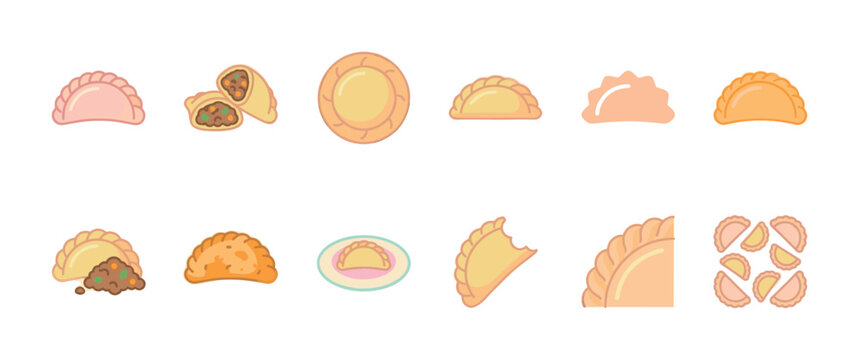 A collection of flat design empanada icons in various stages of preparation, filling, and consumption, perfect for culinary websites and menus.