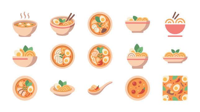 A vibrant flat design collection of various Asian noodle soup bowls, featuring ramen, pho, and other delicious broths with noodles, eggs, and garnishes in warm tones.