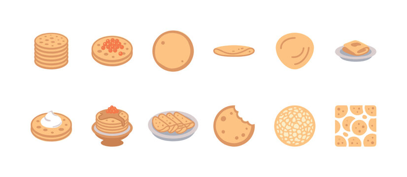 A vibrant flat design collection of various pancakes and crepes, showing different toppings and preparation styles, perfect for food-related concepts.