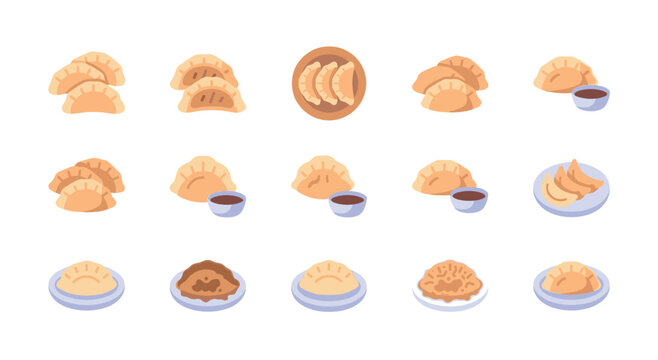 A collection of stylized flat illustrations featuring dumplings served in various ways, some with dipping sauce, ideal for culinary or cultural themes.