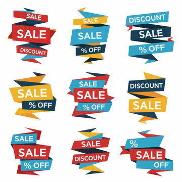 Collection of Sale and Discount Ribbons, Percent Off Offers, Shopping Promotion Banners