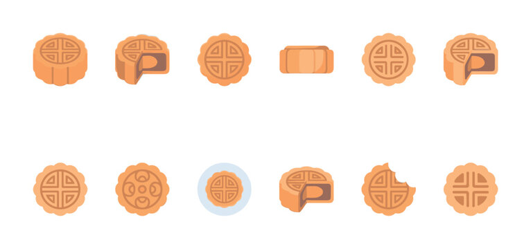 A collection of stylized, flat design illustrations depicting various mooncakes, including whole, sliced, and bitten examples, set against a clean white background.