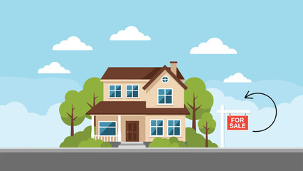 Fototapeta premium Modern two-story suburban house for sale with a red sign on the front lawn under a blue sky with white clouds.