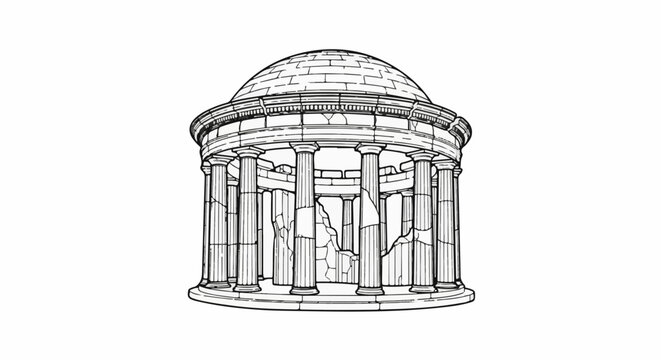 Ancient circular temple with cracked columns and a domed roof
