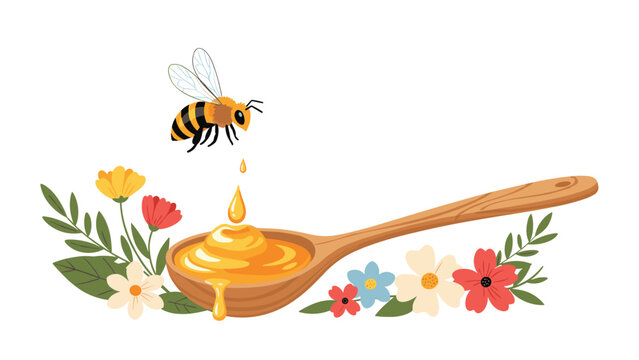Honey bee flying over a wooden spoon filled with golden honey surrounded by various colorful spring flowers in a garden.
