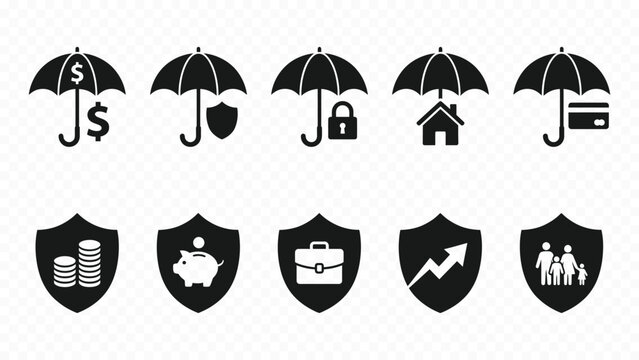 Solid black icon set of insurance protection shield and umbrella over money house for risk management