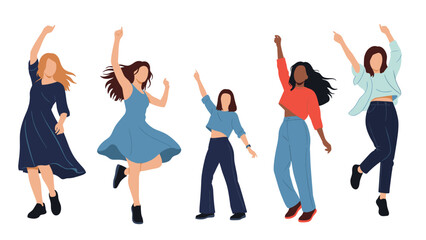 Fototapeta premium Group of five diverse women dancing and celebrating with joy and energy in a modern flat design illustration.